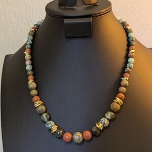 Vintage Rhodonite & Gold Stone Multi-Gemstone Graduated 18.5" - 21.5" Necklace